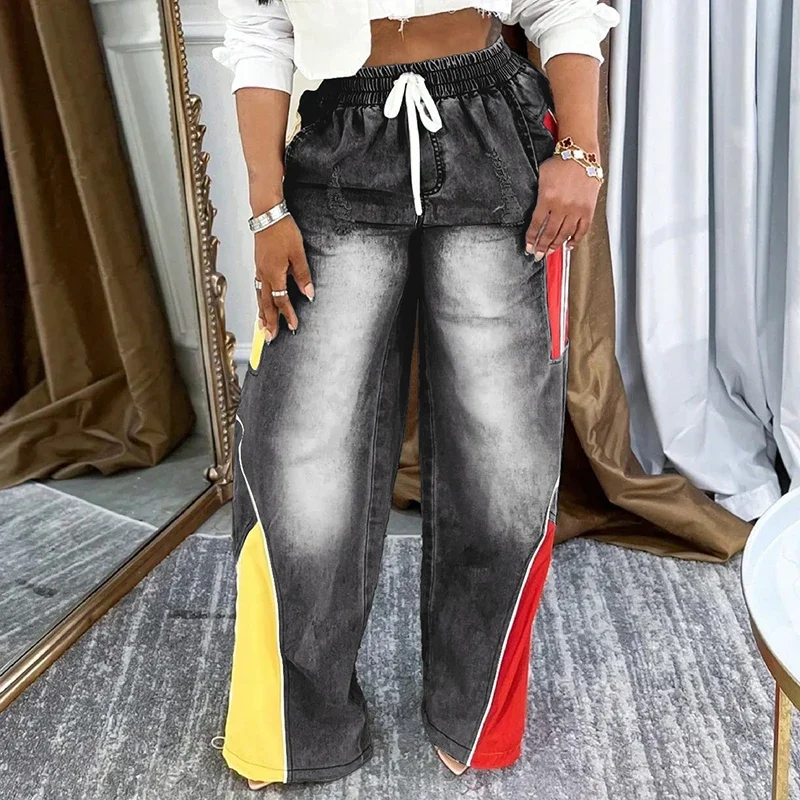 

Straight Pants Jeans Women Patchwork Tie Dye Denim Pant Pockets Drawstring Washed Spliced Trousers Casual Lady Slight Strech