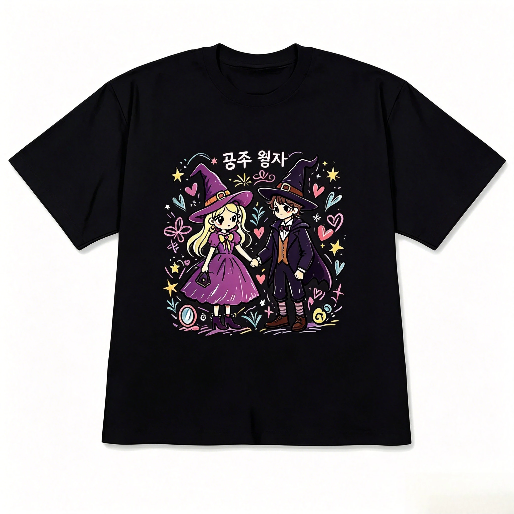 

Korean Magic Witch Couple T-Shirt Cute Matching Couple Tee Casual Black Short Sleeve Tee with Princess Prince for Streetwear