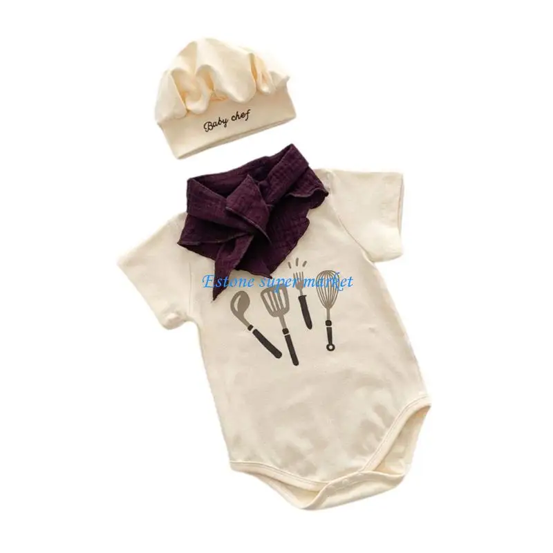 

090B 3 Piece Cooking Themed Baby Photo Outfit Cotton Romper Perfect For Newborns