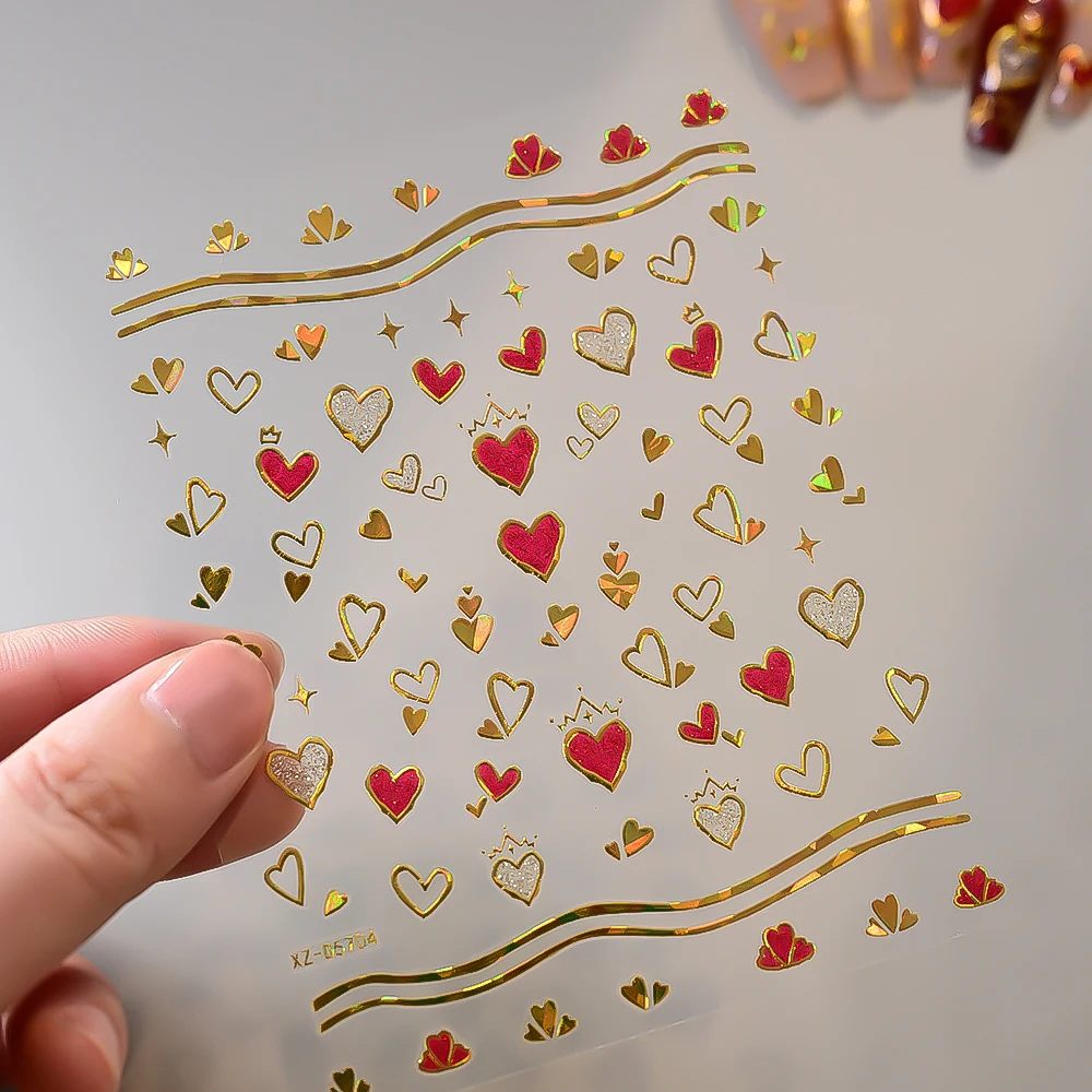 6 stuks 3D laser gouden hart boog slot nail art stickers zoete rode liefde zelfklevende nagelstickers romantische manicure decoratie slider