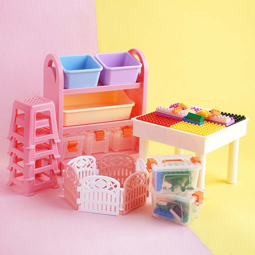 Ensemble de blocs miniatures de bricolage, meubles de maison de poupée, cheval à bascule pour bébé, Mini blocs de construction, support de rangement, jouet de maison de jeu