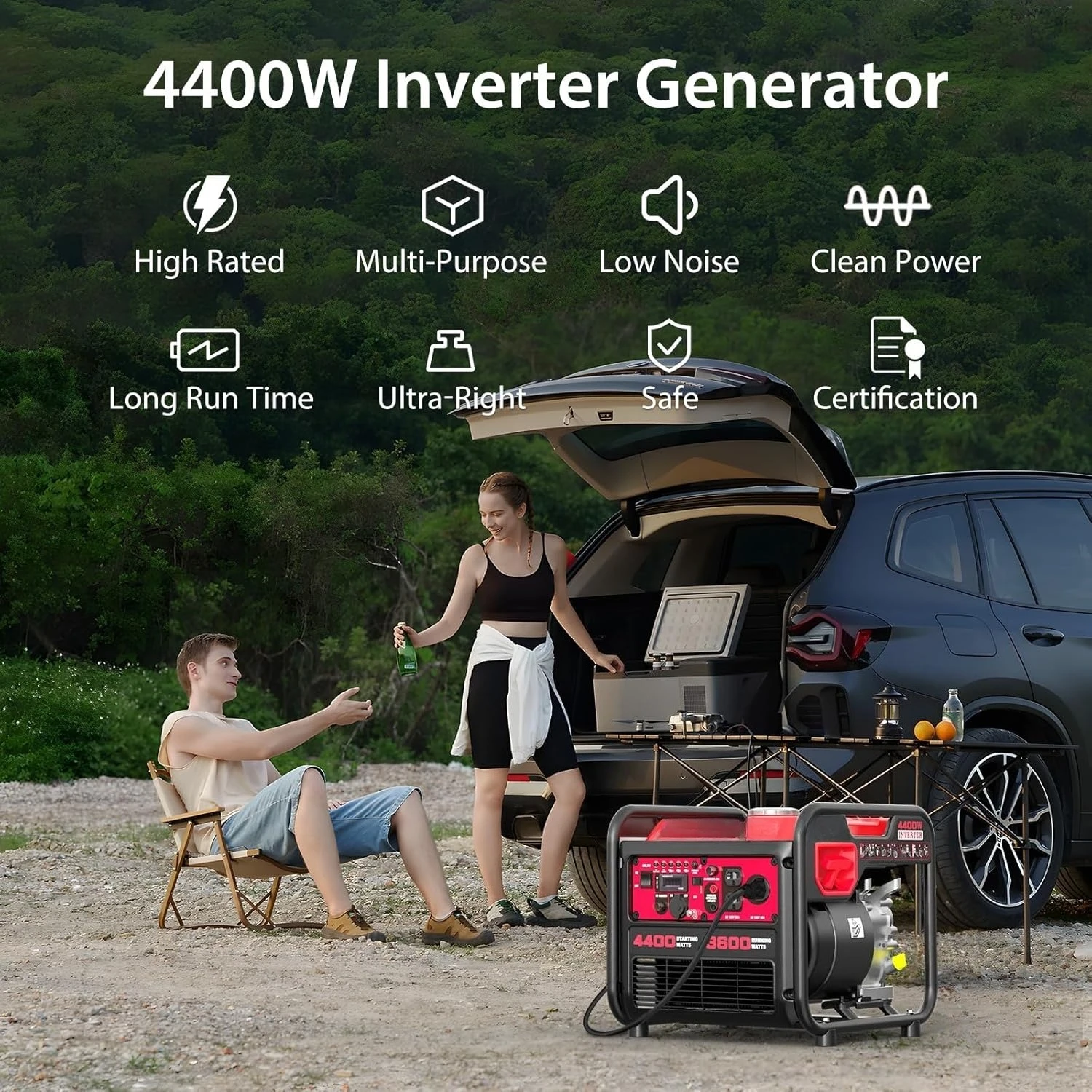4400-Watt Portable Inverter Generator, Gas Powered, CO-Sensor, Lightweight & Quiet for Home Use and Emergency Backup