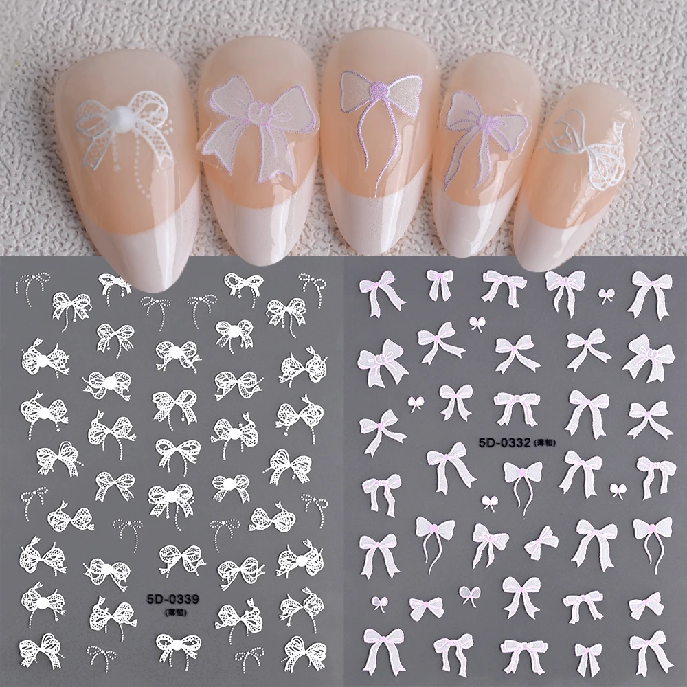 12pcs ลูกไม้ Bowknot สติกเกอร์เล็บชุด 5D สีชมพูสีขาวมุกผีเสื้อริบบิ้นเล็บ Art Decals DIY สาวหวานฤดูหนาวตกแต่งเล็บ Slider