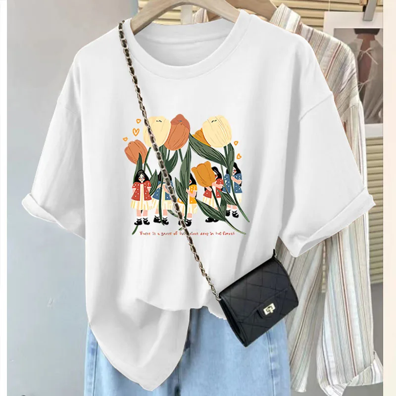 

Women's Clothing Floral Pure Cotton Casual T-shirt Summer Versatile Loose Short Sleeve Tees Lady Basic Crew Neck Fashion Tops