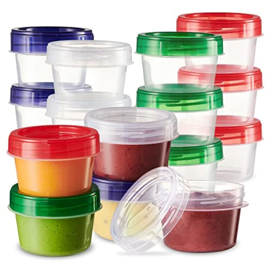 Baby Food Storage Containers 12 Pack, 4 ounce Colored Twist on Lids, Plastic, 1/2 Cup Small Freezer Storage Container