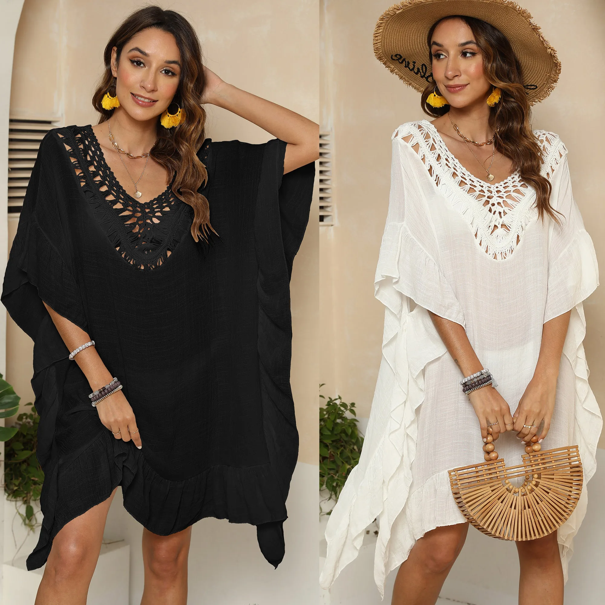 Große Größe Bademode Cover Ups Weiß Gestrickte Sarong Bademode Volant Strand Tunika Cape Schwarz Badeanzug Cover Up für Frauen 2023