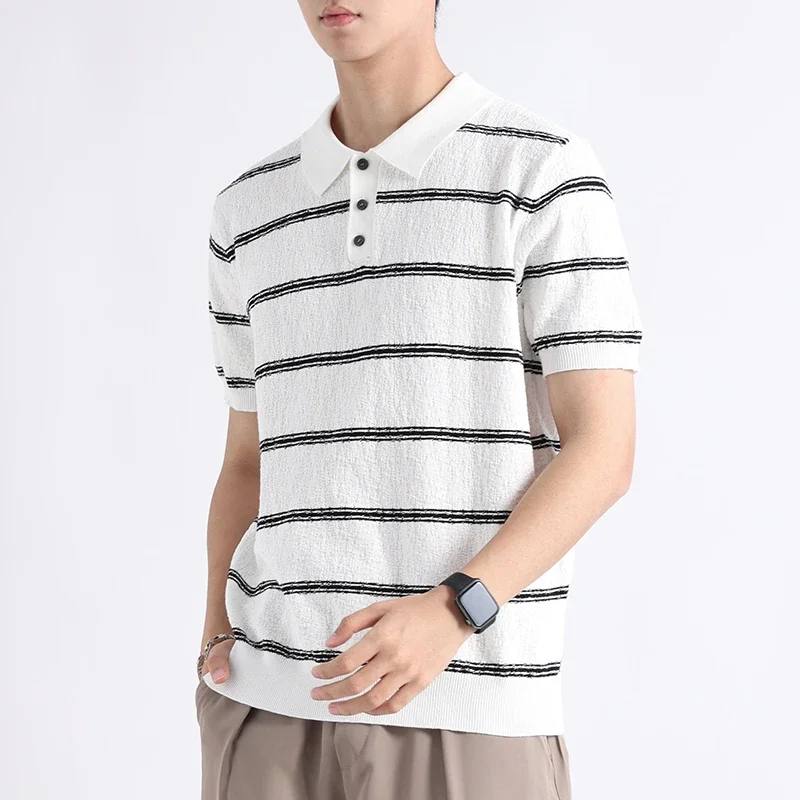 

BROWON Summer Sweaters T-shirt Men 2025 Fashion Turndown Collar Striped Knitted Men T Shirt Casual Slim Fit Cotton Tees for Men