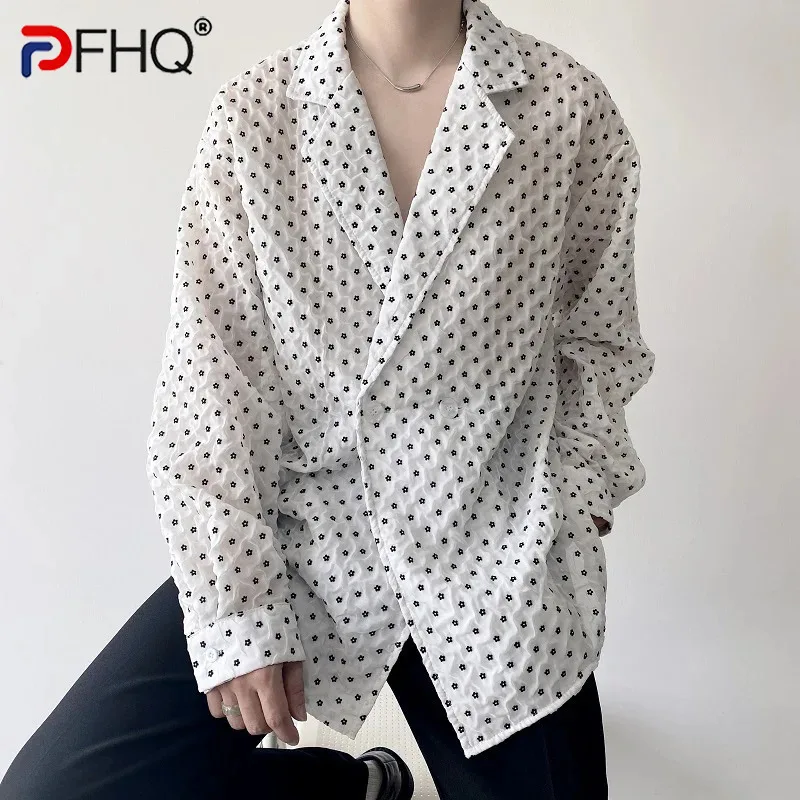 PFHQ Men's Shirts Double Layer Pleated Twilight Cloud Yarn Planting Flannel New Lapel Temperament Sunscreen Tops Summer 21Z4025