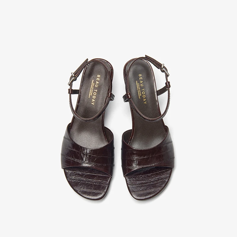 BEAUTODAY Retro Sandals Women Cow Leather Round Toe Hoof Heel Ankle Strap Ladies Party Shoes Handmade 31303
