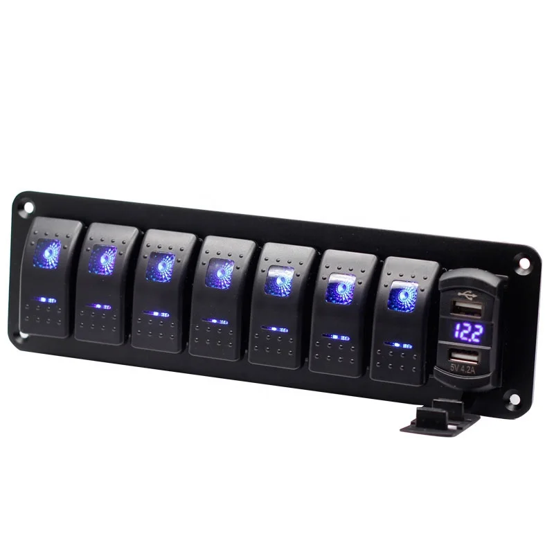 

7 Gang Rocker Switch Panel with 4.2Amp Dual USB Charger Voltmeter Waterproof 12V 24V DC Rocker Switch with Night Glow Stickers