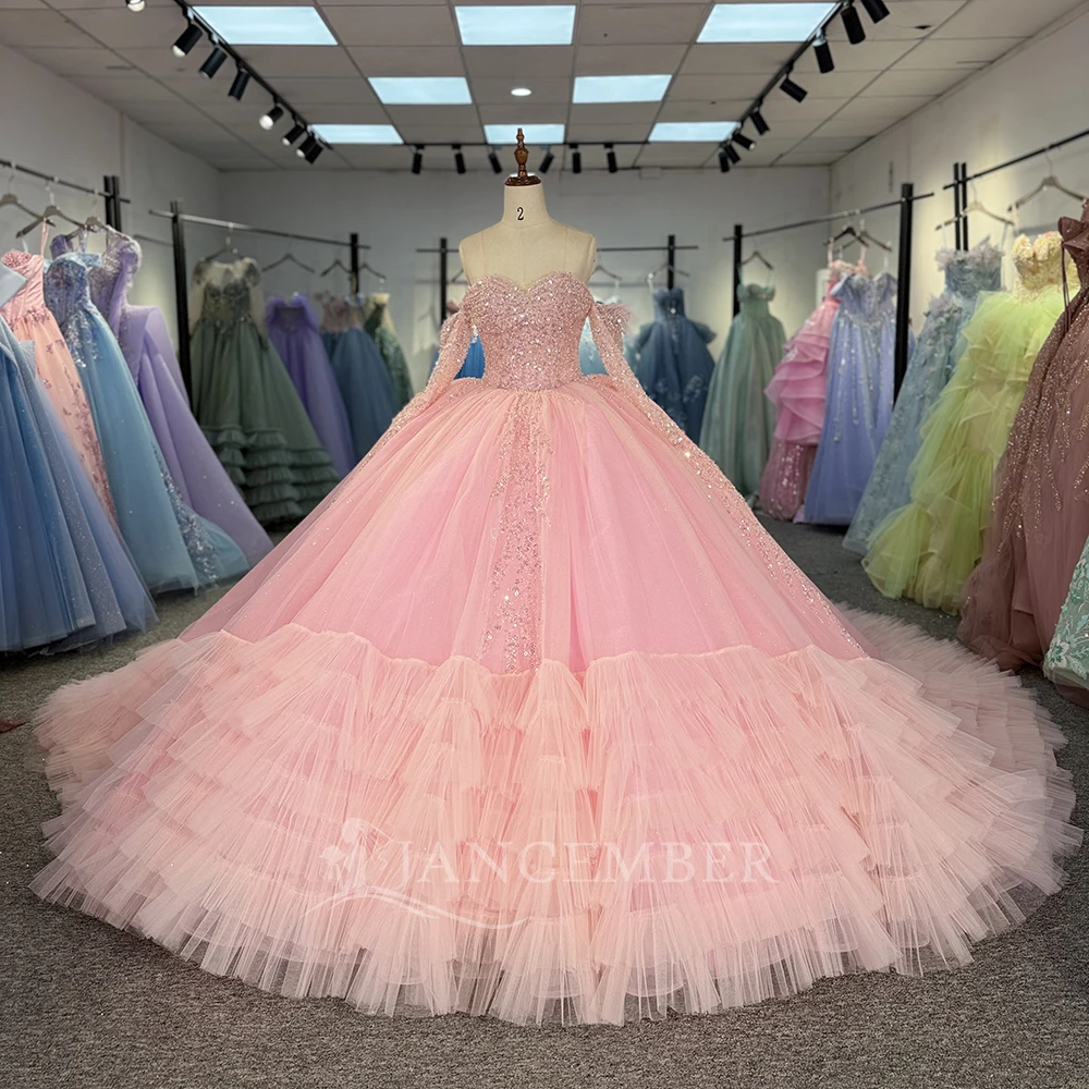 

Customized 2025 Ball Gown Quinceanera Dress Lace Crystal Long Sleeves Court Train Organza Beaded vestidos de 15 quinceañeras