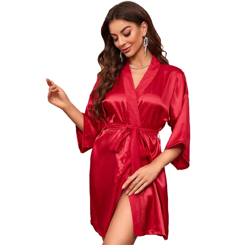 2024 Summer Sexy Women Night Robe Thin Satin Silk Lady Breathrobe for Home Soild V -Neck Nightgown High Quality Women Pajamas