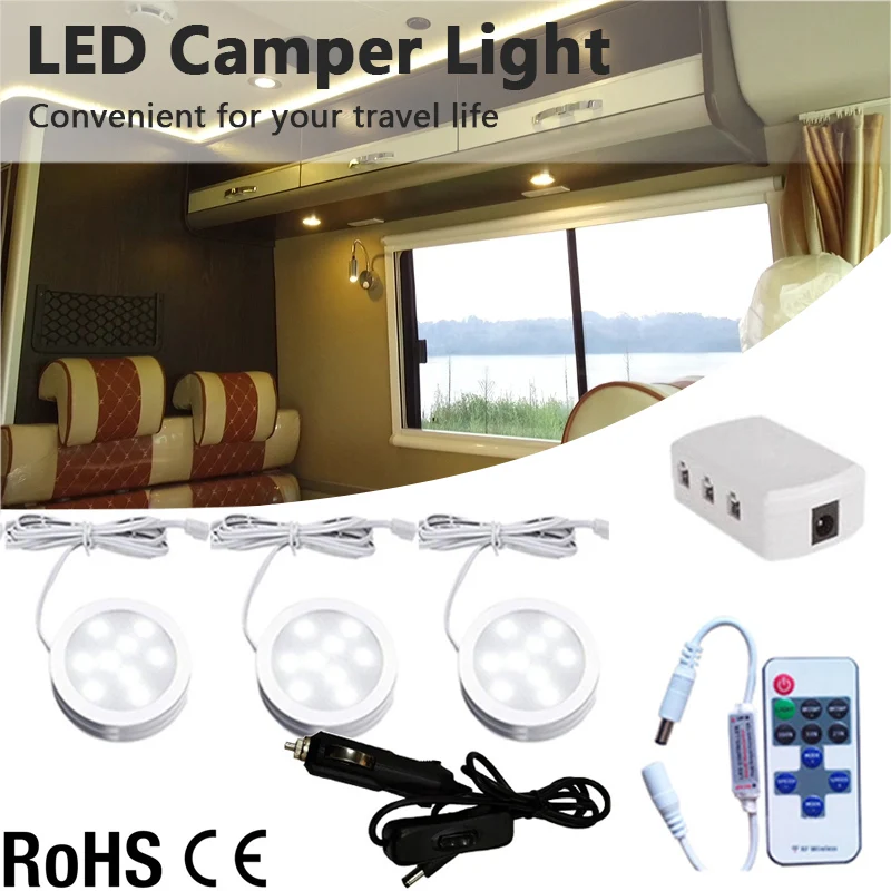 DC12V Camper Car LED Light CW/WW Dimmer with Wireless Remote Cigarette Lighter Charging Plug for RV Roof Camper Caravan Lighting