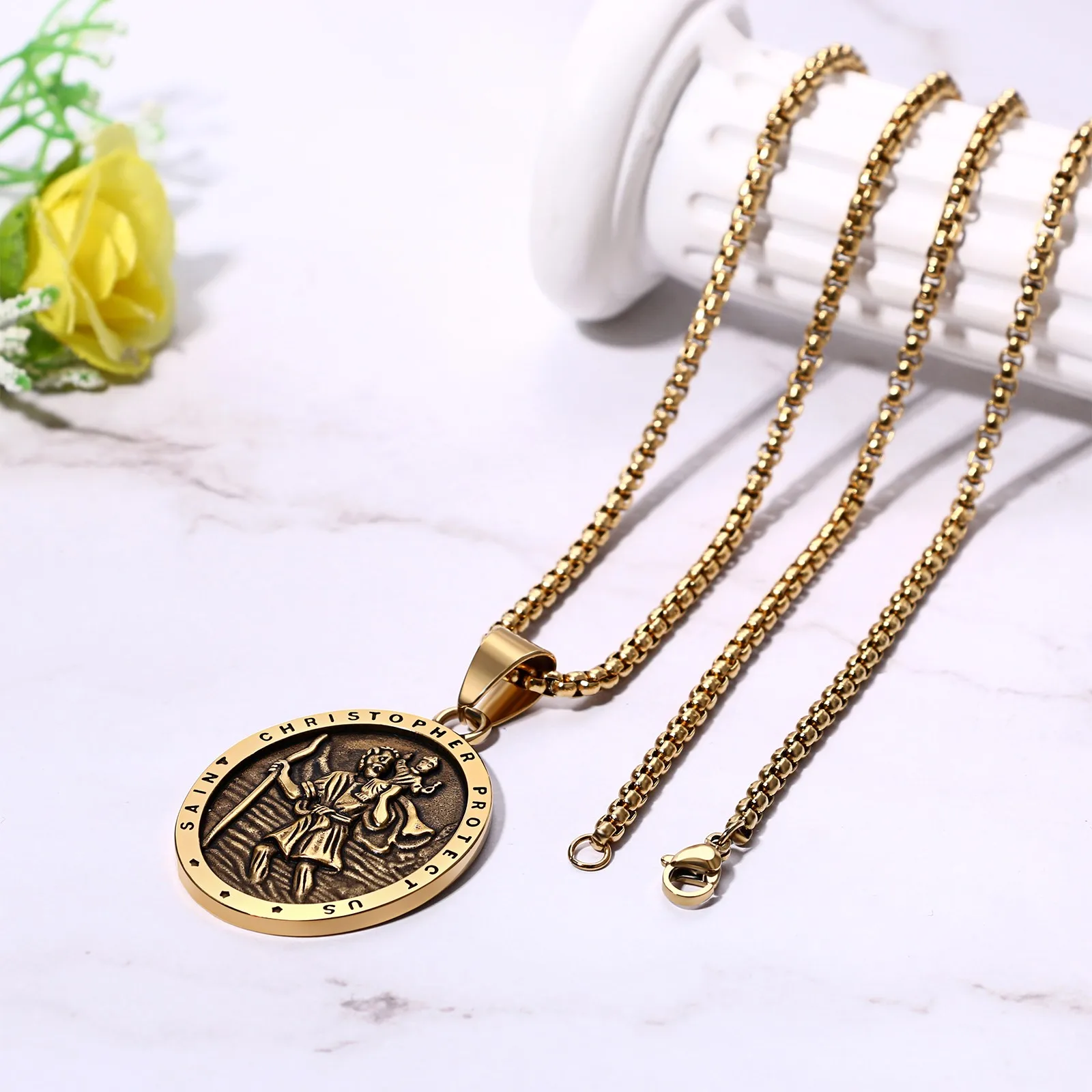 Saint Christopher Medal Necklace for Men Vintage Oval Stainless Steel Pendant St Christopher Catholic Traveler Amulet Gift - view 3