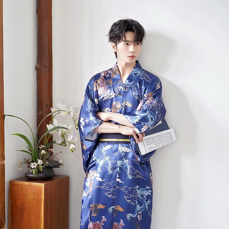 Men's Printed Kimonos Japanese Traditional Samurai Kimono for Man Yukata Bath Robe Hekoobi Loose Cardigan Retro Formal Long Gown