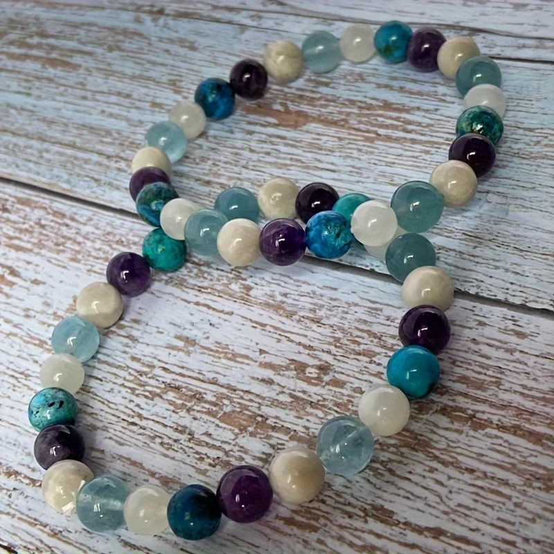 1pc/Boho Beaded Stretch Bracelet White Lace Onyx, Aquamarine, Moonstone, Malachite Stress Relief Jewelry Gift