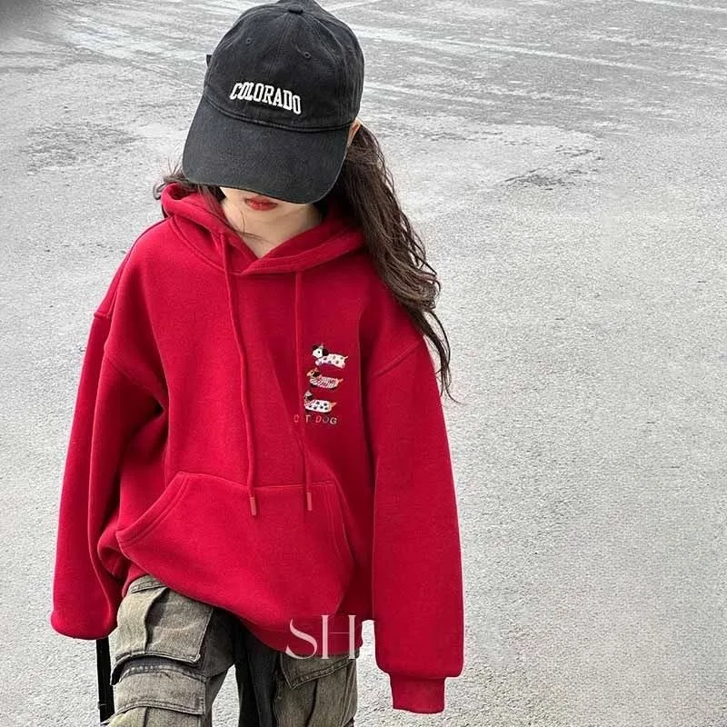 

Толстовка на флисовой подкладке для девочек, новинка 2025 года, зимняя красная новогодняя праздничная одежда, праздничное платье с капюшоном для малышей и детей