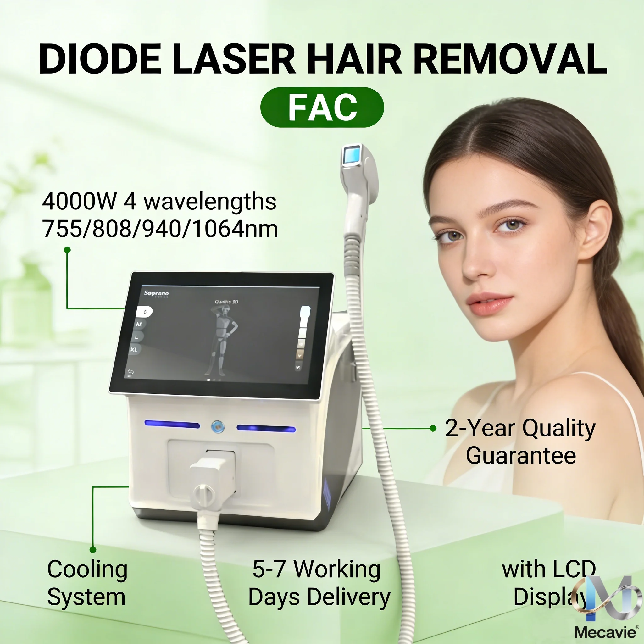 

Профессиональное устройство для удаления волос с сопрано-диодным лазером мощностью 4000 Вт, 4 волны, 755/940/1064808 нм, александритовое постоянное решение