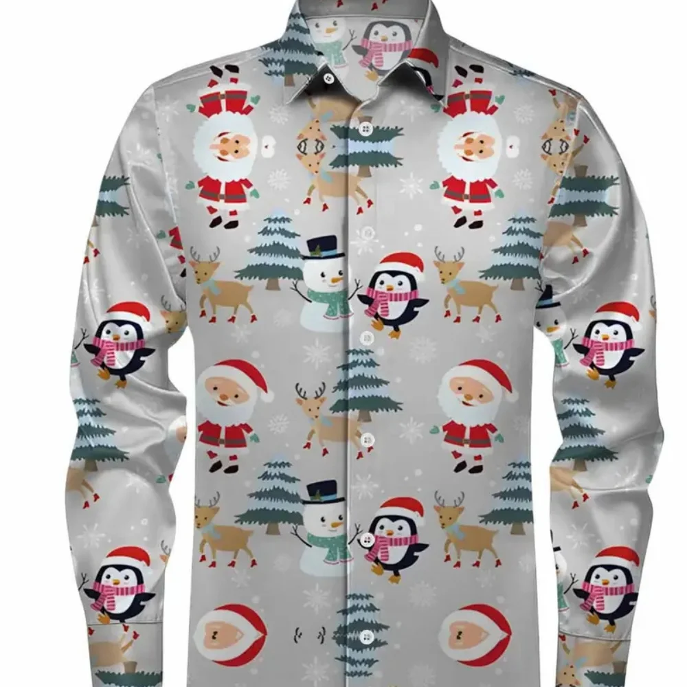 

Men's plus Size Long Sleeve Shirt Cartoon Christmas Snowman & Tree Print Holiday Casual Family Party Clothing