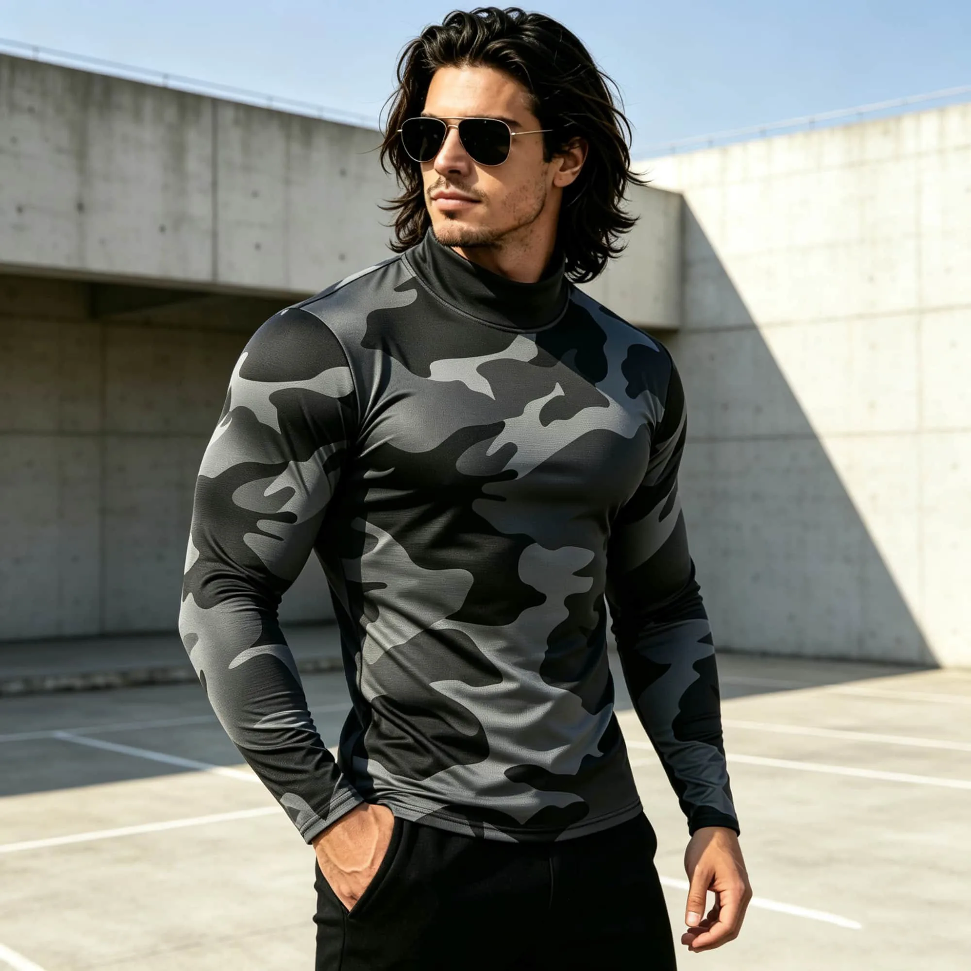 Modisches, personalisiertes, atmungsaktives, bequemes T-Shirt mit Stehkragen, Camouflage-Muster, langen Ärmeln, vielseitig einsetzbar, lässig, trendig, Herrenbekleidung – Detail 2