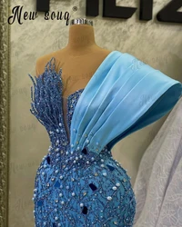 Unique Design Shoulder Beaded Mermaid Evening Dress With Pearls Stones Blue Floor Length Prom Dress Formal Celebrity Vestidos