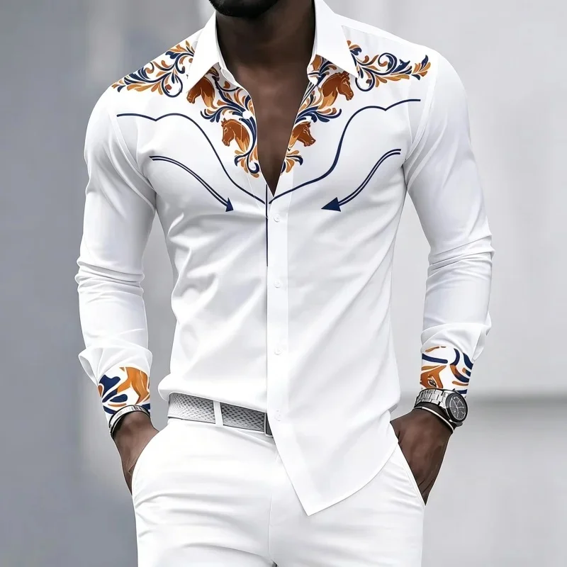 Men's collared long-sleeved shirt with American Western style, featuring a horse head pattern paired with an arrow print
