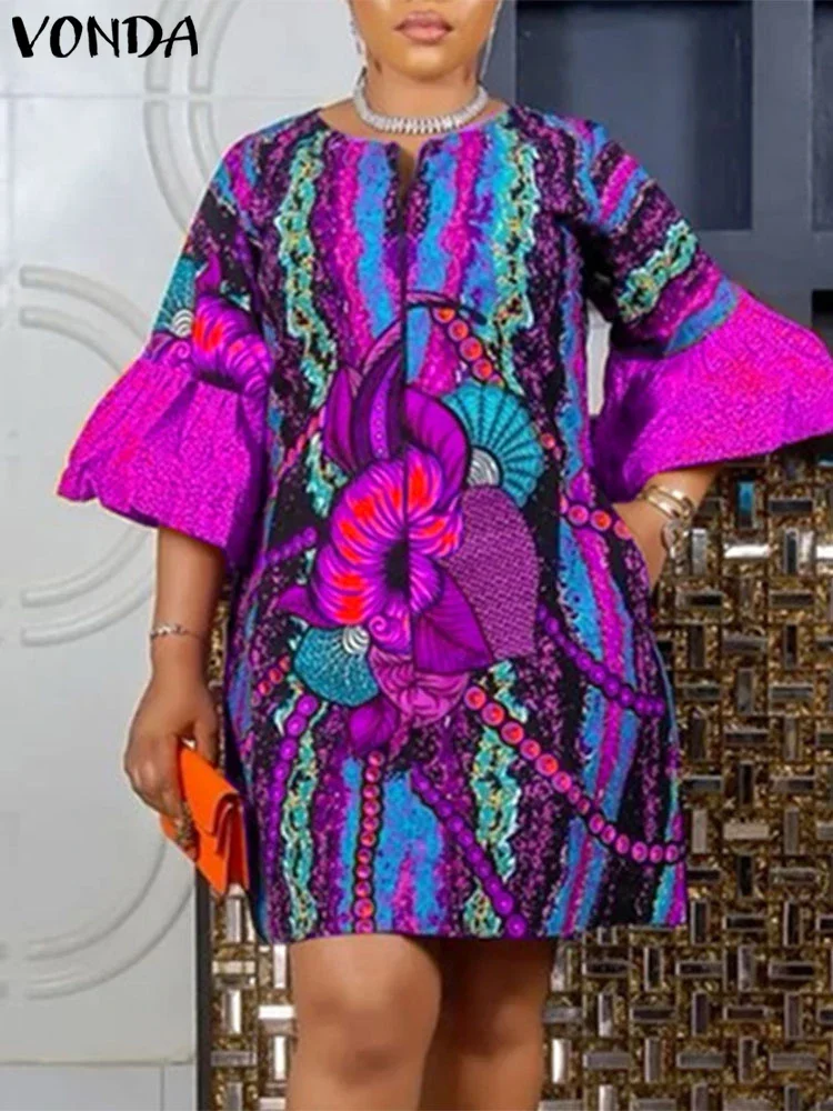

Plus Size 5XL VONDA 2025 Summer Women Dress Bohemian Printed Sundress Vintage O neck Flared Sleeve Vestido Casual Loose Robe
