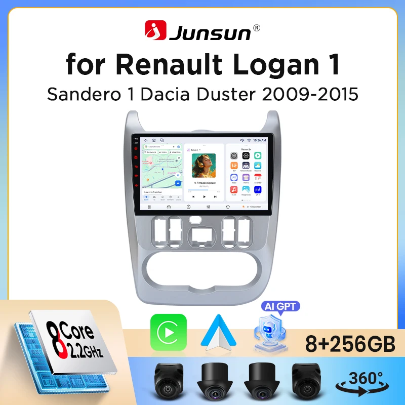 Autoradio sans fil Junsun CarPlay Android Auto pour Dacia / Renault Logan 1 & Sandero 1 & Duster 1 2004-2015 avec ventilateur de refroidissement intégré, navigation GPS Android, lecteur multimédia,