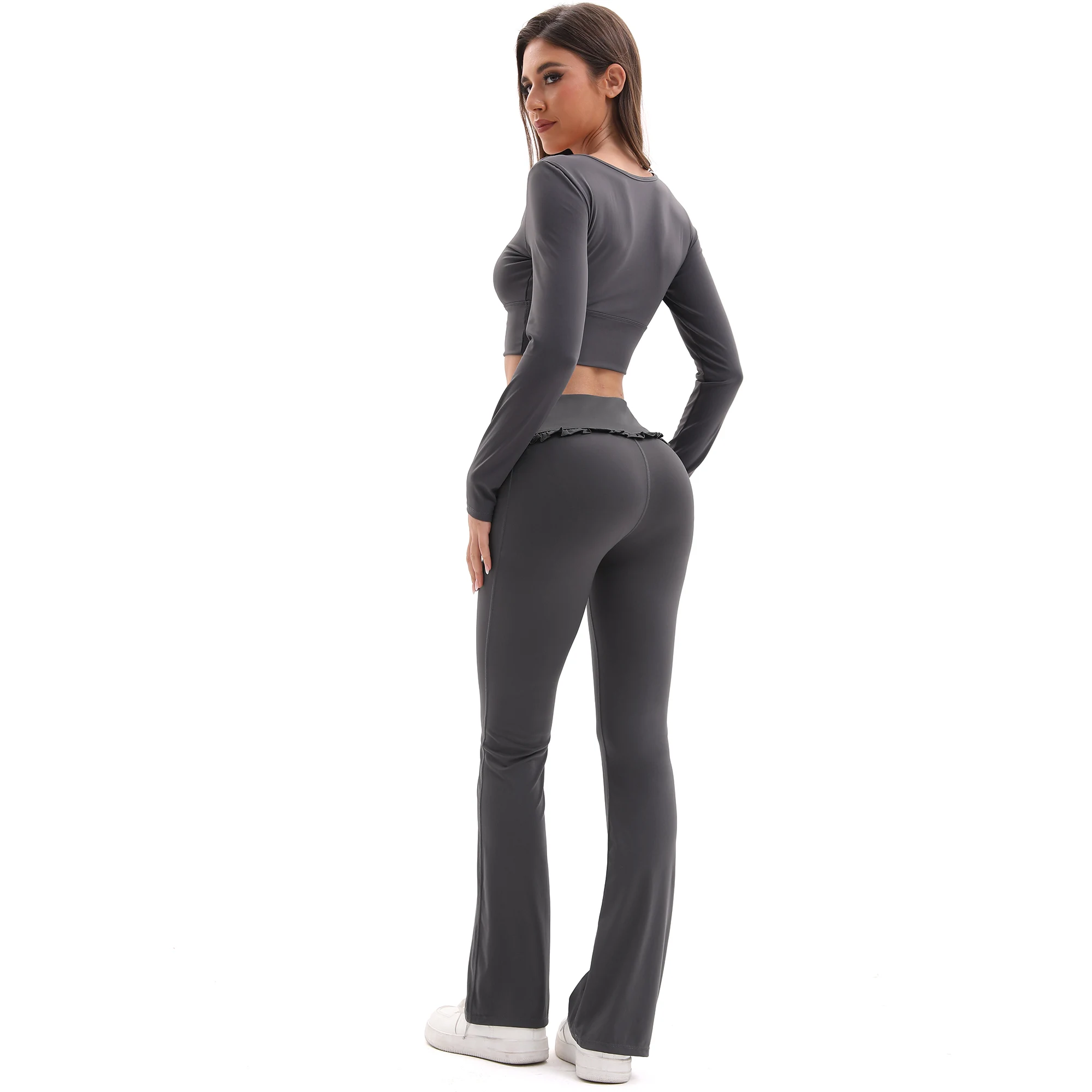 Nieuwe collectie dames bloemenkant set hoge taille flare broek U-hals top 4-weg stretch yoga-outfit voor fitness woon-werkverkeer de hele dag