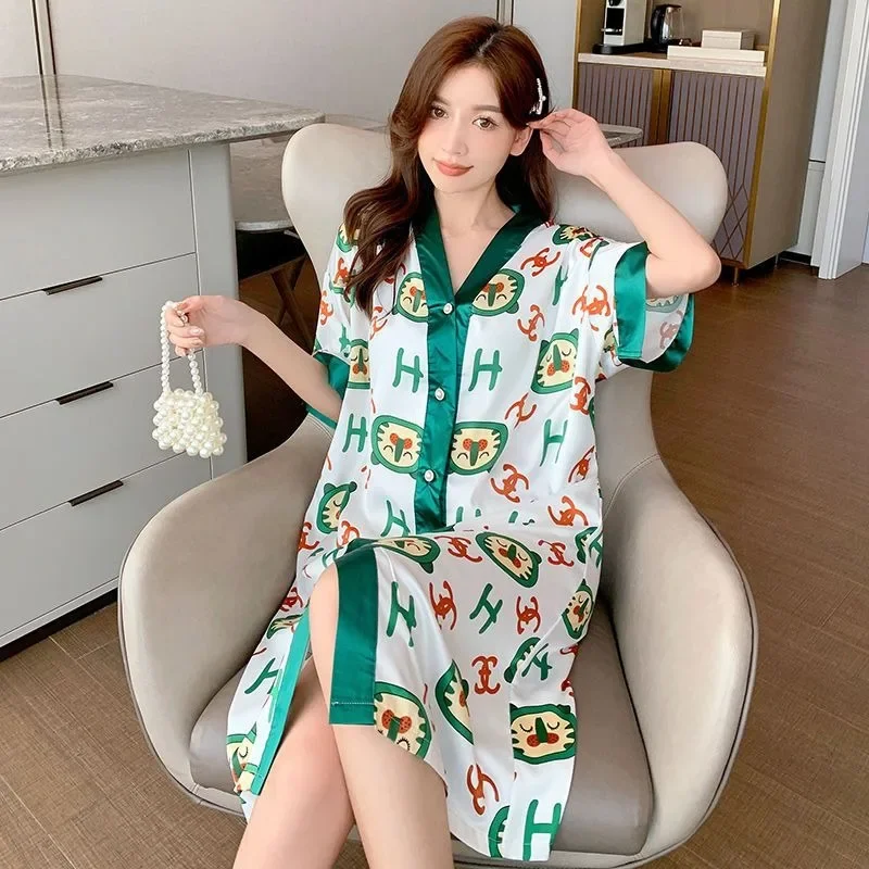 Summer Nightdress Women Ice Silk Short Sleeves Sleepwear Sweet Cute Loose Plus Size Mid-length V-neck Loose Loungewear New 2024