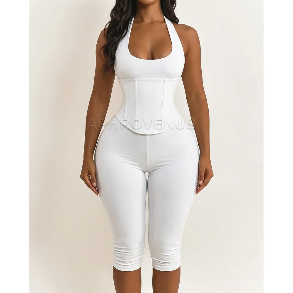 White Black Polka Dot Halter Neck Corset Jumpsuit Lace Up Backless Bodycon Capri Romper High Waist Shapewear Outfits For Party image 3