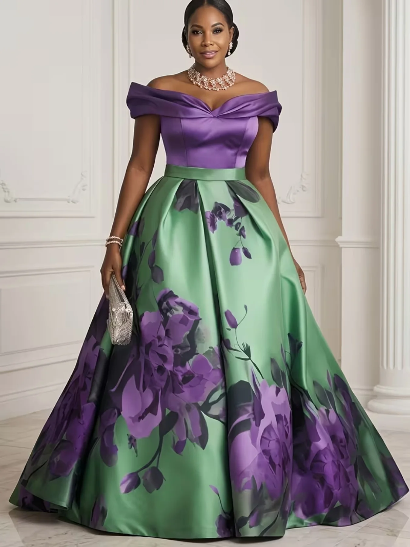 Women Plus Size Off Shoulder Formal Evening Purple Satin Bodice Green Floral Print Ball Gown A Line Wedding Party Maxi Dress