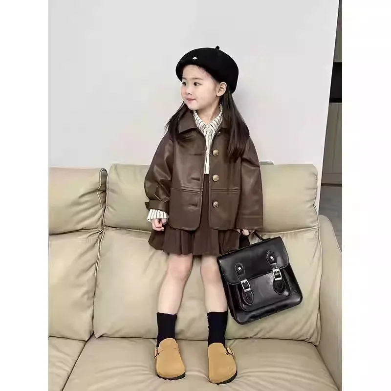 

Childrens Suit Spring and Autumn New Korean Girls Fashion Leather Coat Striped Shirt Solid Color Pleated Skirt Three Piece Set