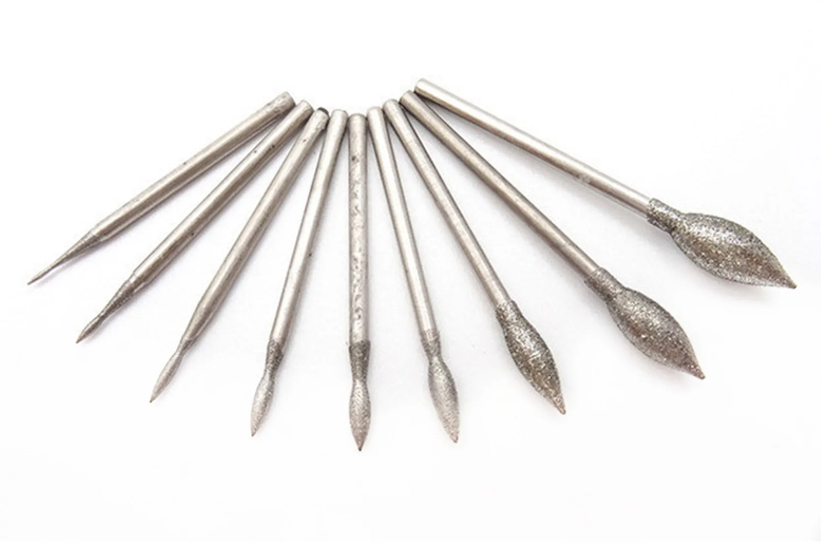 5/10/15 Pcs Brazed Diamond Grinding 2.35/3mm Shank Head Jade Peeled Flat Jaw Stone Engraving Long Olive Shape Burrs Carving Bits