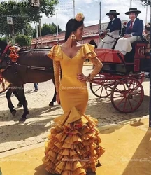 Żółta syrenka Flamenco suknie balowe w kropki tiulowe z falbanami warstwowa spódnica tańcząca hiszpania trąbka wieczorowa suknia