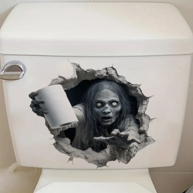 Ripped Wall Ghost Lady Halloween Toilet Lid Decal, Handing Tissue Horror Sticker, Spooky Creative Ornament for Bathroom Decor