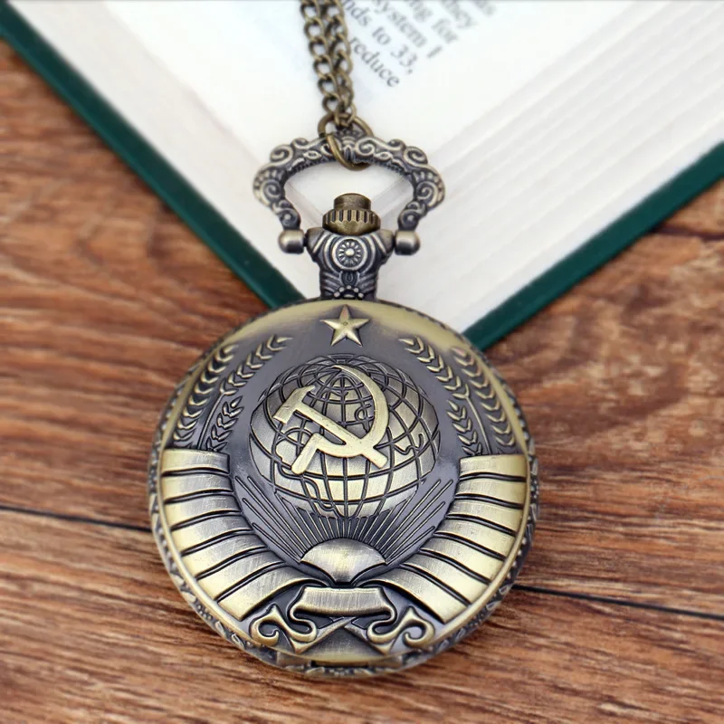 Vintage USSR Soviet Badges Sickle Hammer Pocket Watch Necklace Bronze Pendant Chain Clock Fashion Emblem Women Men Gift