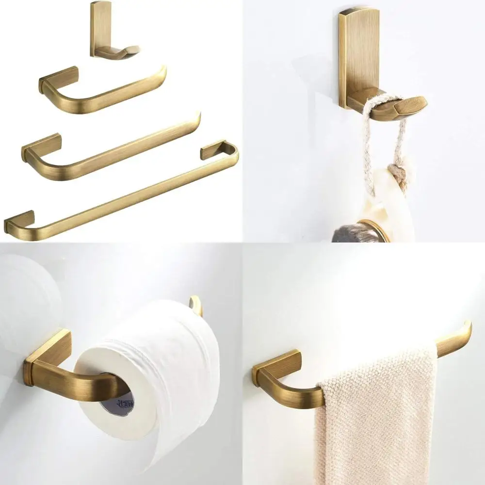 

WINCASE Brass Bathroom Accessories, Bath Towel Holder Antique, Towel Bar Set Toilet Paper Holder Robe Hook Brushed Brass Wall Mo