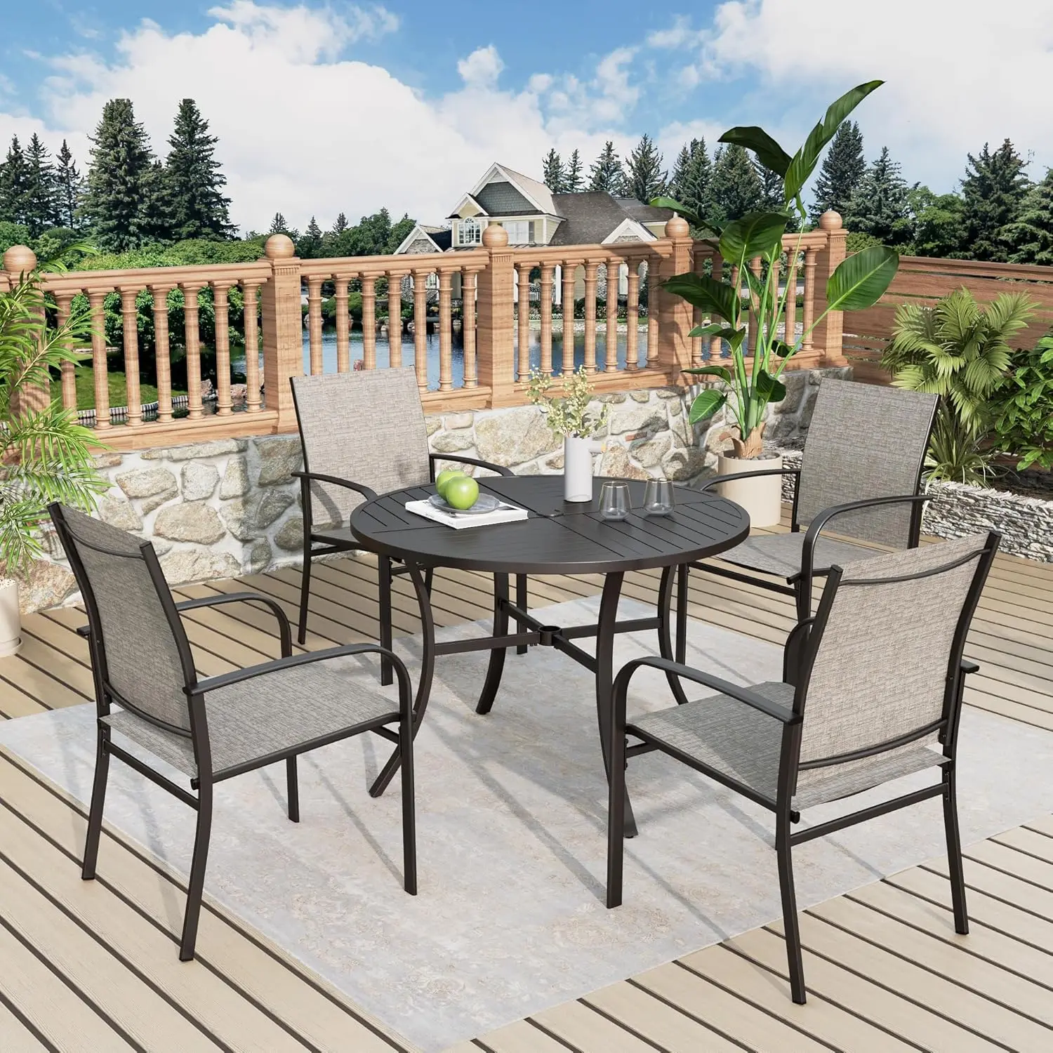 

Set for 4, 5-Piece Outdoor Dining Set with 4 Brown Chairs and 4 Person Metal Round Table for Deck Garden Backyard Lawn Poolside