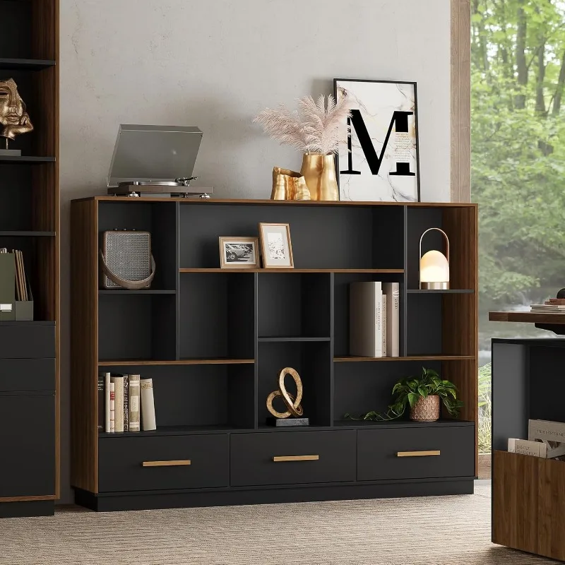 

Wide Bookcase Storage Organizer, Wood Bookcase with 12 Open Cubes, Floor Standing Bookshelf for Home Office, Living Room and Lib