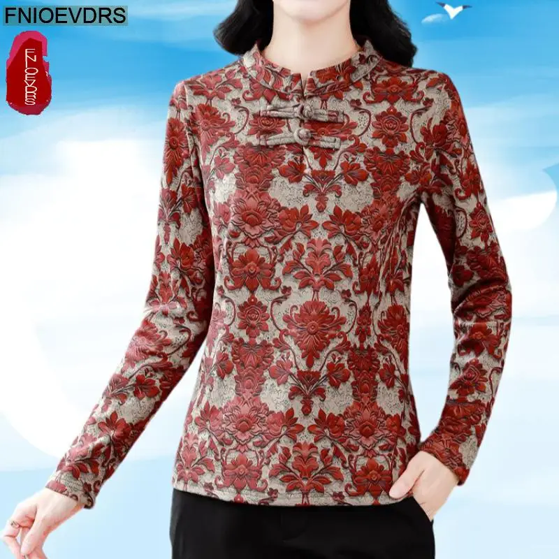 

Retro Vintage Flower Print Tops New Design Women Long Sleeve Stand Collar Button Basics Shirts Blouses