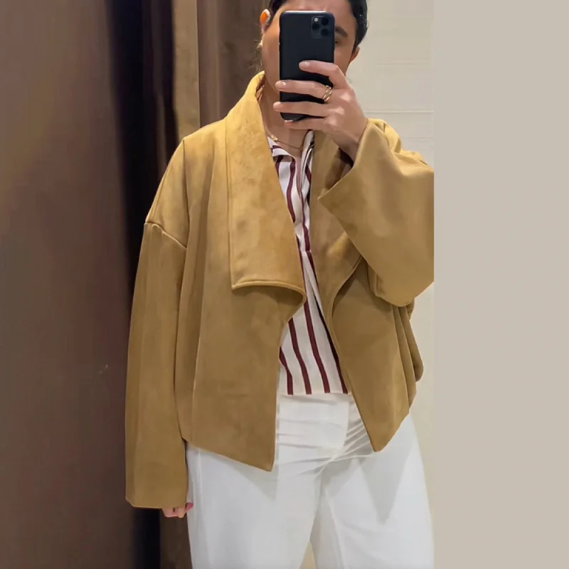 QICHE Women 2026 Autumn Big‑Lapel Suede Wrap‑Style Loose Versatile Casual Jacket Outerwear