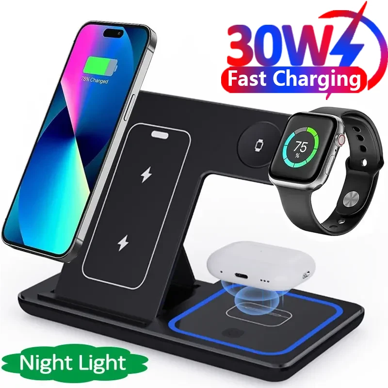 3 In 1 Foldable Wireless Charger Stand For iPhone 15 14 13 12 Pro Max Plus IWatch AirPods 3/2 Fast Charging Station Dock Holder