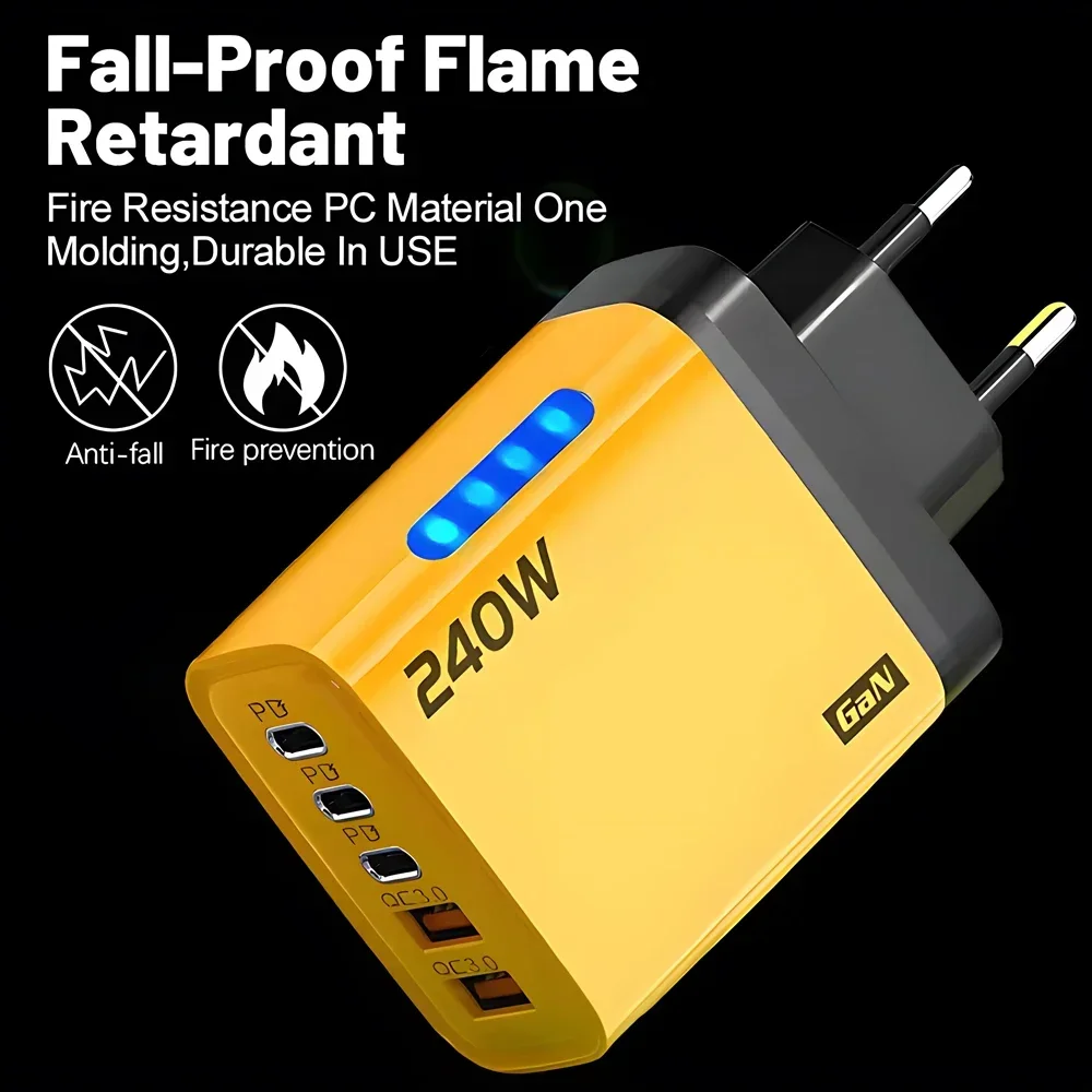240W USB-C PD Wall Charger with 5 Ports Type-C QC 3.0 Fast Charging Adapter for iPhone 16 15 Samsung Xiaomi Huawei EU/US/UK Plug
