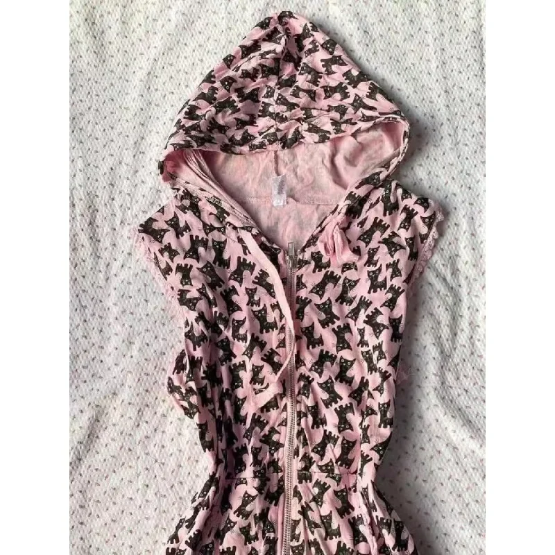 Chaleco con capucha con estampado de gato de subcultura americana, camisetas sin mangas con cremallera Punk rosa estéticas Harajuku, camisetas Retro de calle Hip Hop Hottie