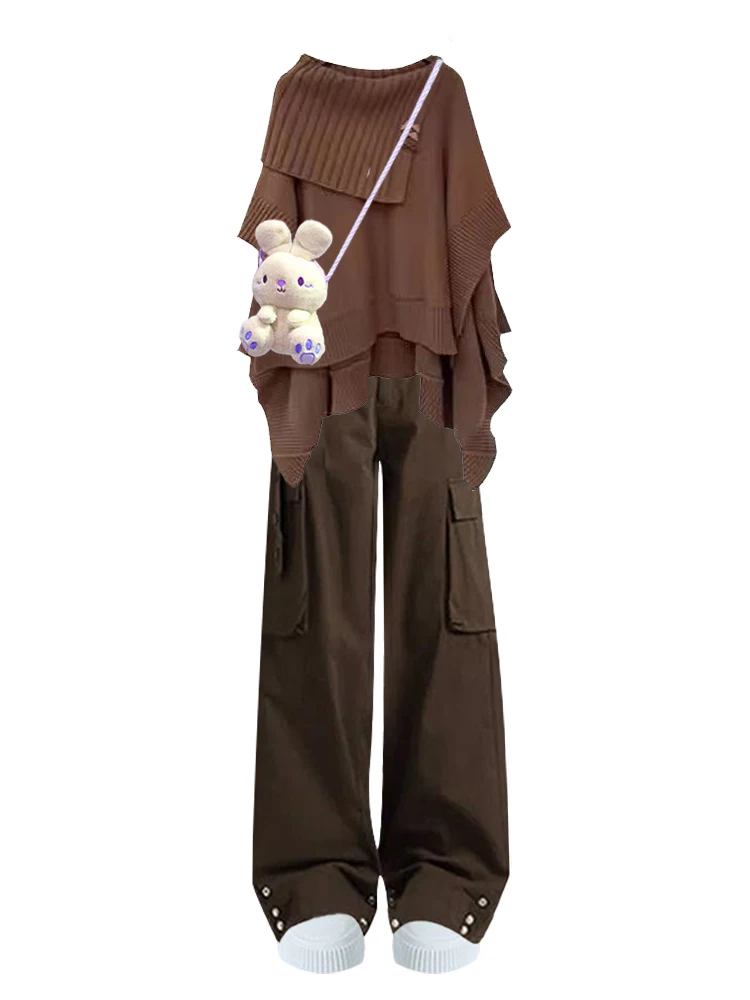 Maglione lavorato a maglia sciolto e pantaloni a gamba larga Set Autunno Inverno da donna Faion Casual Outfit Design asimmetrico Effetto dimagrante