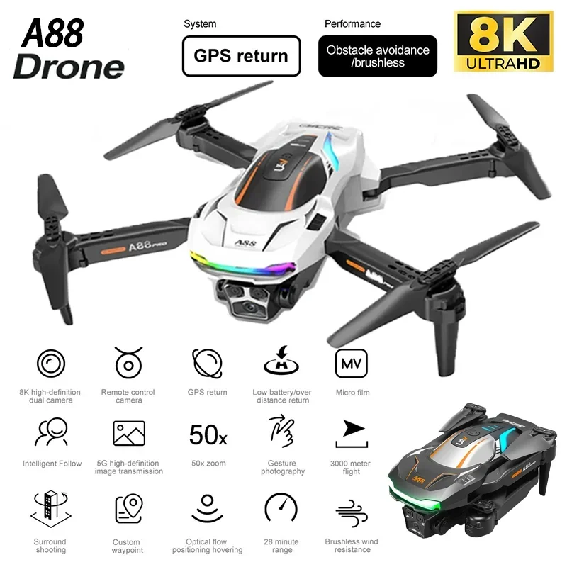 2024 New A88 Pro Drone Folding Dual Camera Optical Flow Drones 6K HD Aerial Photography Dron Obstacle Avoidance RC Quadcopter