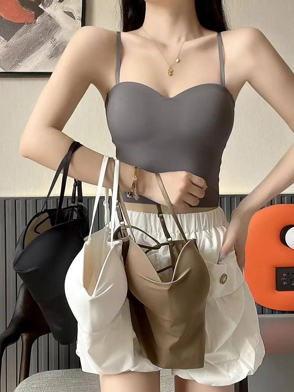 Ice Silk Strap Vest Women's Wireless Fixed Cup Breathable Versatile Cross Back Bralette Underwear Thin Summer plus Size