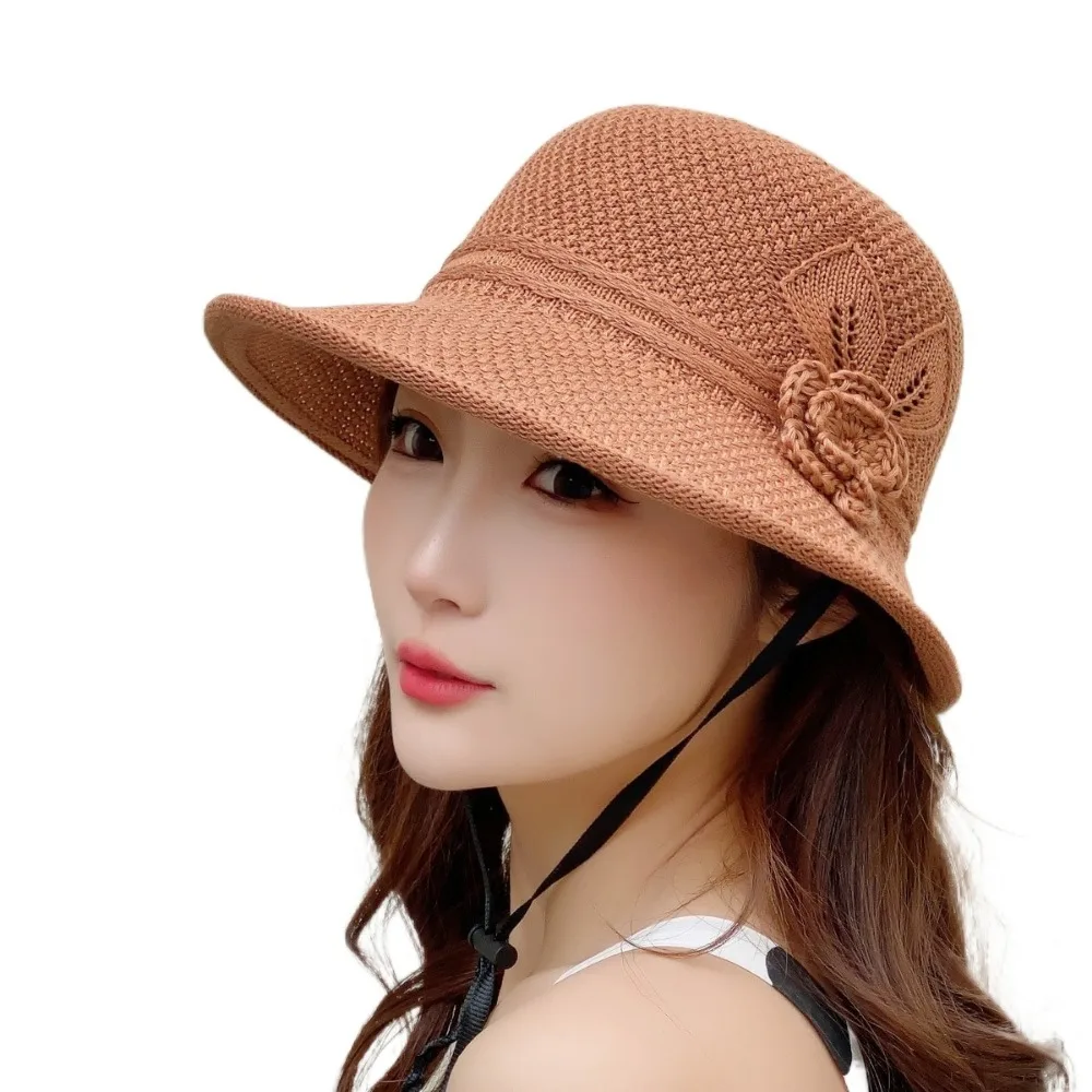 태양 보호 꽃 진주 짠 모자 통기성 접이식 태양 모자 착용하기 편안한 땋은 꽃 직조 양동이 모자 여름