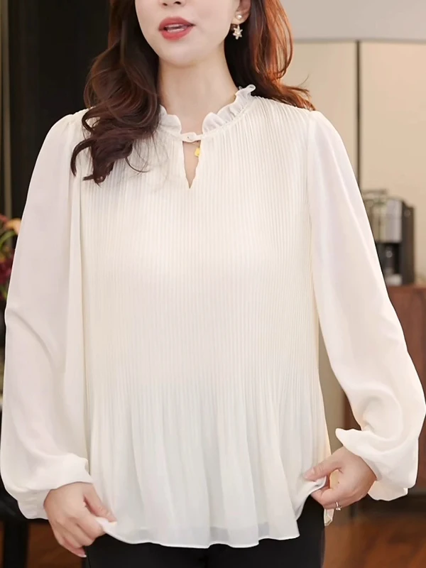 Mujer suelta larga Sve redondo Ne irt diseño de pliegue de madera otoño nuevo Sle Top adelgazante cómodo transpirable Faion